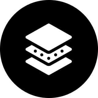 Layered geometric icon on black background.