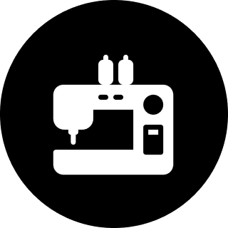 White sewing machine icon on black background.