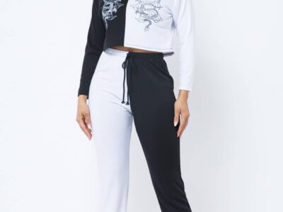 French Terry Color Block Dragon Screen Top Jogger Pants Set