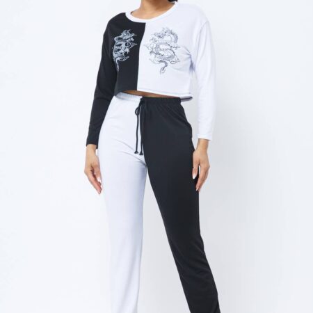 French Terry Color Block Dragon Screen Top Jogger Pants Set