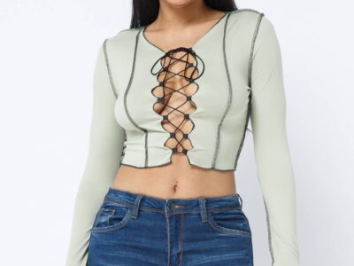 Contrast Outstitch Open Front Cross Tie Top