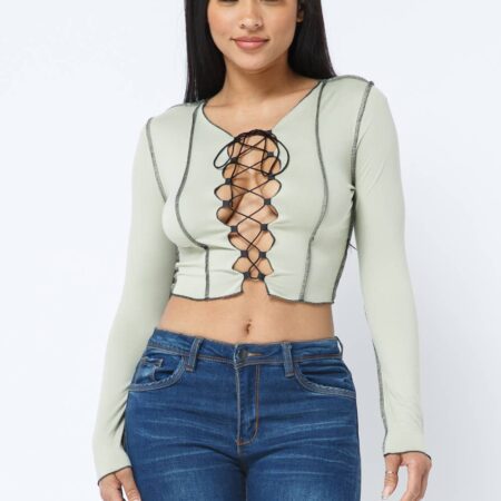Contrast Outstitch Open Front Cross Tie Top