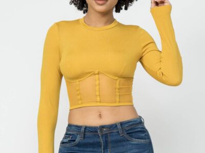 Corset Style Long Sleeve Round Neck Crop Top