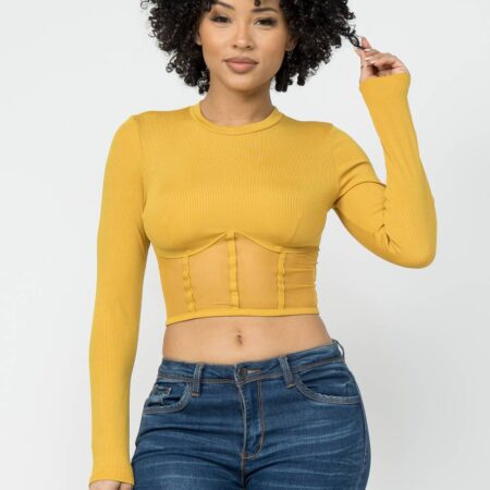 Corset Style Long Sleeve Round Neck Crop Top