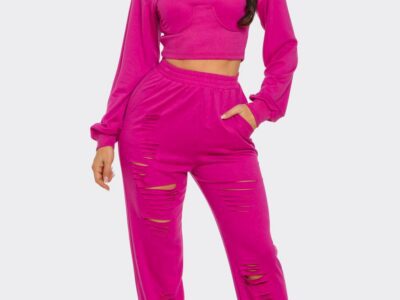 Round Neck Solid Top And Laser Cut Pants Set