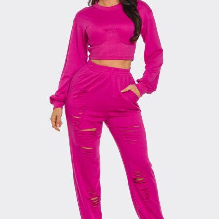 Round Neck Solid Top And Laser Cut Pants Set