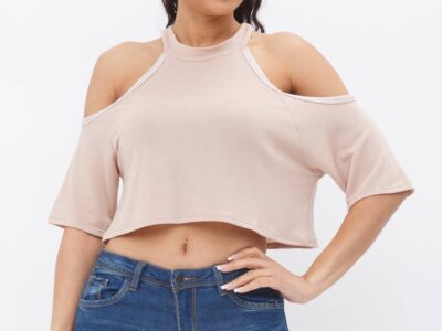 French Terry Solid Shoulder Cut Out Detail Half Sleeve Top