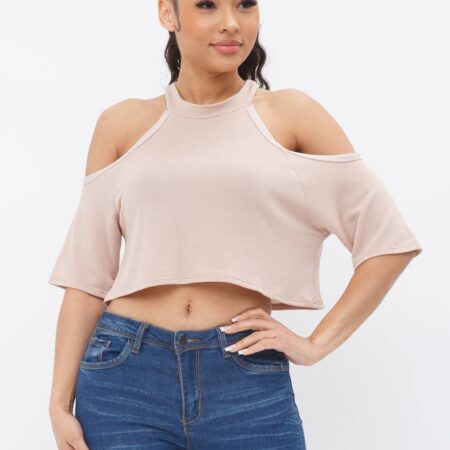 French Terry Solid Shoulder Cut Out Detail Half Sleeve Top
