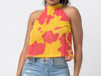 Print Halter Neck Back Tie Sleeveless Top