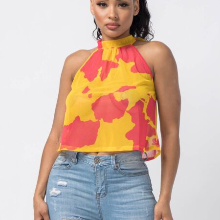 Print Halter Neck Back Tie Sleeveless Top