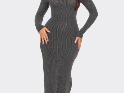 Two Tone All Over Striped Pattern Side Slit Dress