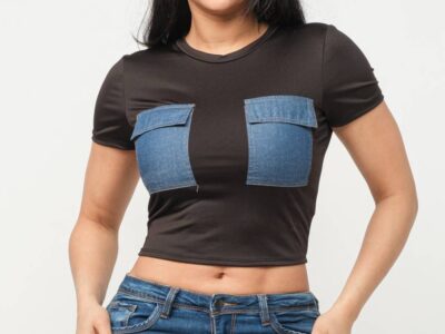 Front Denim Flap Pockets Short Sleeve Crop Top