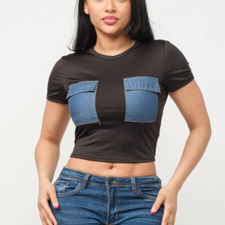 Front Denim Flap Pockets Short Sleeve Crop Top