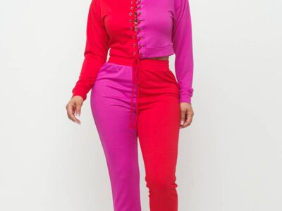 Color Block Eyelet Cross Tie Top And Pants Set