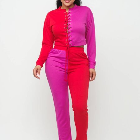 Color Block Eyelet Cross Tie Top And Pants Set