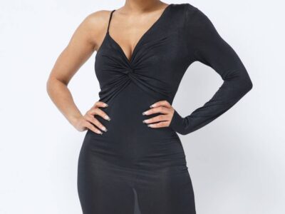 Ice Crushed Twisted Front One Shoulder Midi Dress