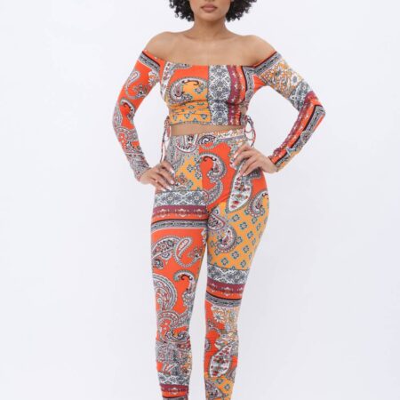 Off Shoulder Open Side Tie Long Sleeve Crop Top Leggings Set