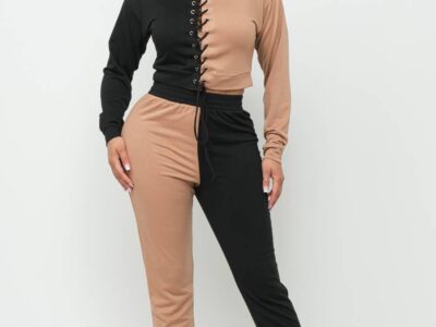 Color Block Eyelet Cross Tie Top And Pants Set