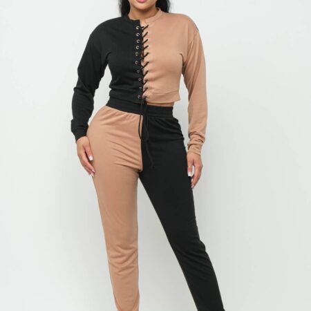 Color Block Eyelet Cross Tie Top And Pants Set