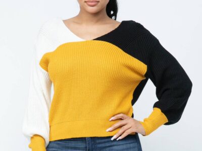 Color Block Twisted Open Back Loose Fit Cozy Sweater
