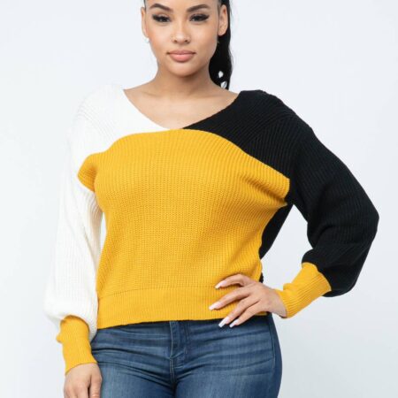 Color Block Twisted Open Back Loose Fit Cozy Sweater