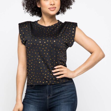 Dty Foil Star Print Shoulder Pad Trim Top