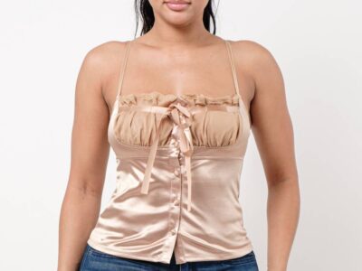 Buttons Mesh Ruched Lace Trim Front Tie Top