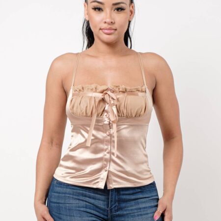 Buttons Mesh Ruched Lace Trim Front Tie Top