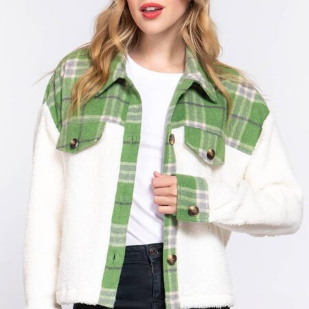 SI-25106 Button Down Plaid Contrast Faux Fur Jacket