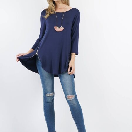 SI-8344 3/4 Sleeve Round Hem Top With Zipper Details