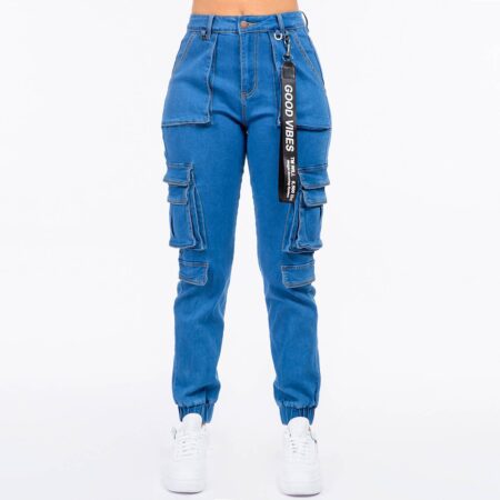 HIGH WAIST DENIM JOGGERS WITH UTILITY POCKETS-RJJ-3595