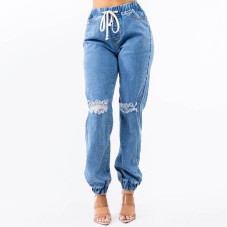 HIGH WAIST DENIM JOGGER STYLE PANTS-RJJ30259