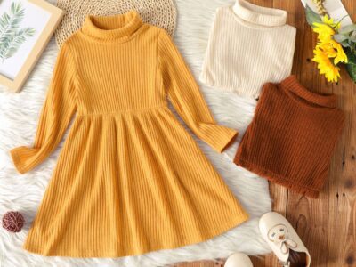 Toddler Girl Turtleneck Solid Color Ribbed Long-sleeve Dress