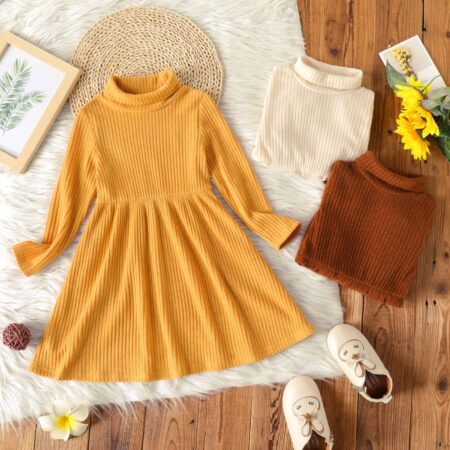 Toddler Girl Turtleneck Solid Color Ribbed Long-sleeve Dress