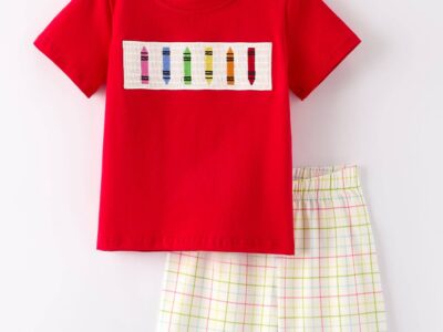 Boys Back to School Pencil Smock Embroidered Plaid Set