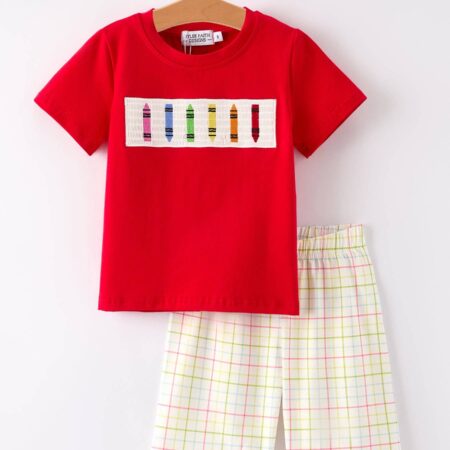 Boys Back to School Pencil Smock Embroidered Plaid Set
