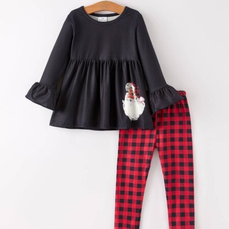 Winter Christmas Santa Claus Print Casual Plaid Girls Set