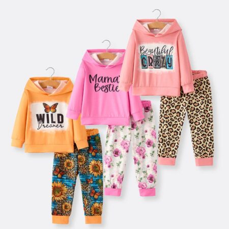 Butterfly Wild Letter Leopard Hooded Sweatshirt Trousers 6 Pieces Set