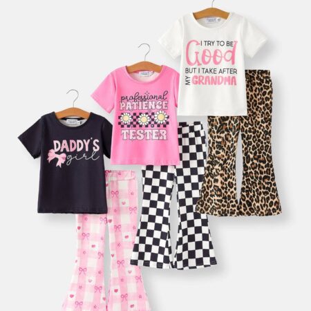 Letter Leopard Check Bow Floral Print Girls Set 6-Piece Set