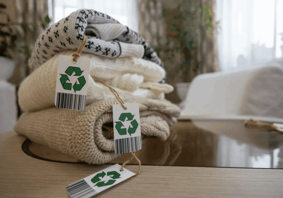 Folded clothes with recycling tags on table.